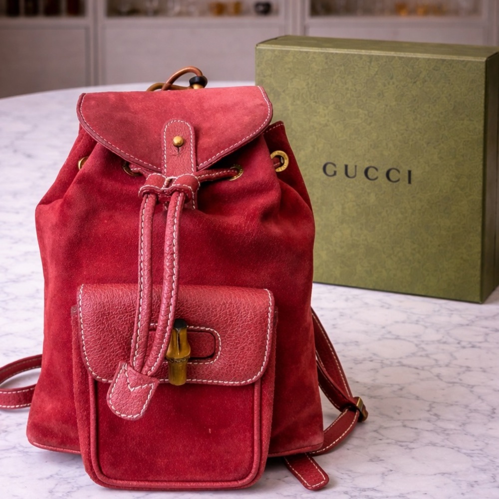 Gucci Red Suede Bamboo Mini Backpack